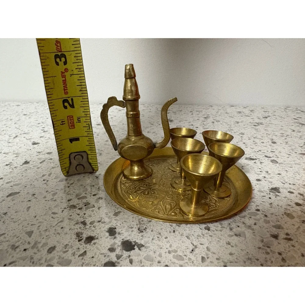 Brass Liqueur Set Decanter Cups Tray Vintage Middle Eastern Style Decorative